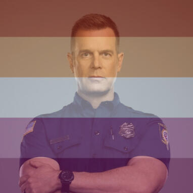 an image of bobby nash from 9-1-1 with a lesbian flag overlay